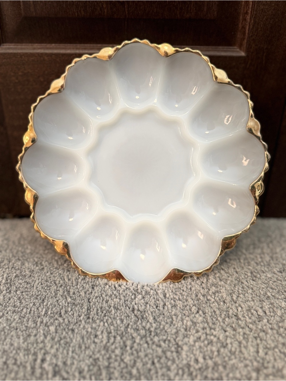 Anchor Hocking White and Gold Egg Serving Platter